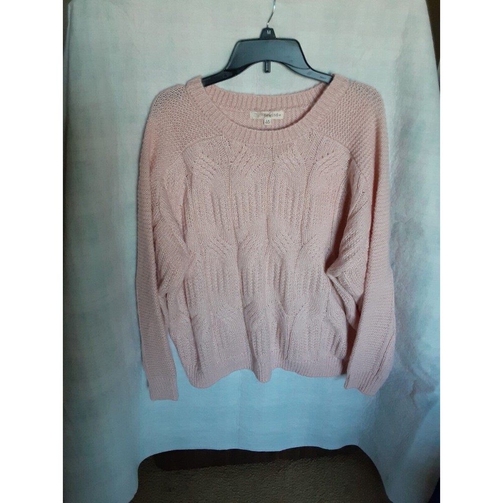 Rewind Womens Plus 1XL Pink Pullover Sweater - Cable Knit Round Neck Long Sleeve